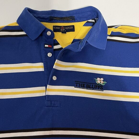 Tommy Hilfiger Polo Golf Shirt Mens L Short Sleeve Yellow Blue Striped Club Logo - Picture 4 of 10